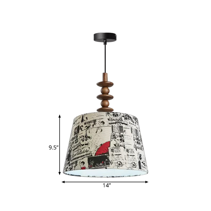 Suspended Countryside Fabric Pendant Light In White With Conical Script Print - Dining Room