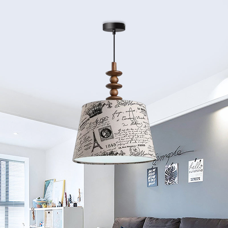 Suspended Countryside Fabric Pendant Light In White With Conical Script Print - Dining Room