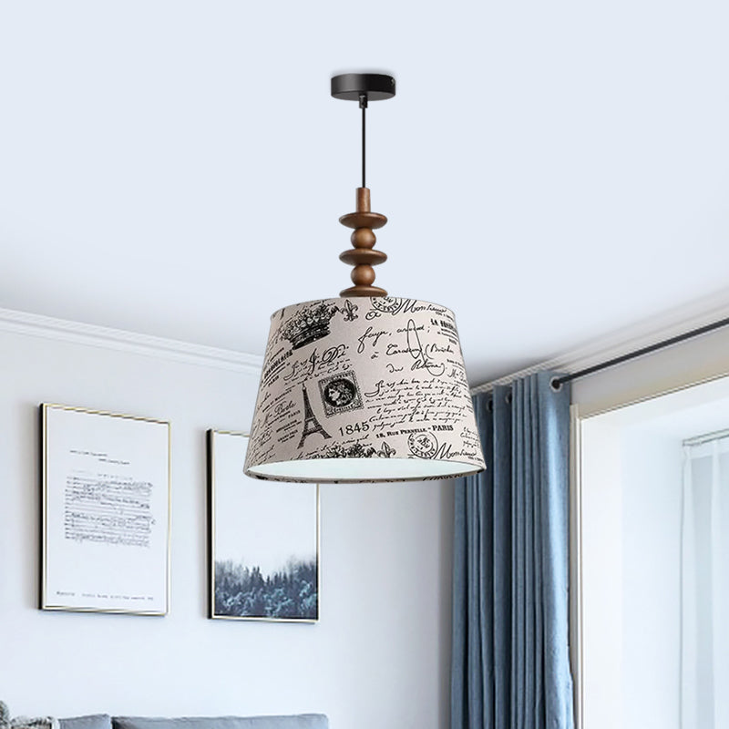 Suspended Countryside Fabric Pendant Light In White With Conical Script Print - Dining Room