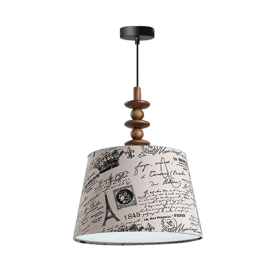 Suspended Countryside Fabric Pendant Light In White With Conical Script Print - Dining Room