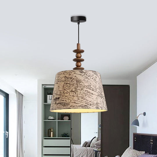 Suspended Countryside Fabric Pendant Light In White With Conical Script Print - Dining Room