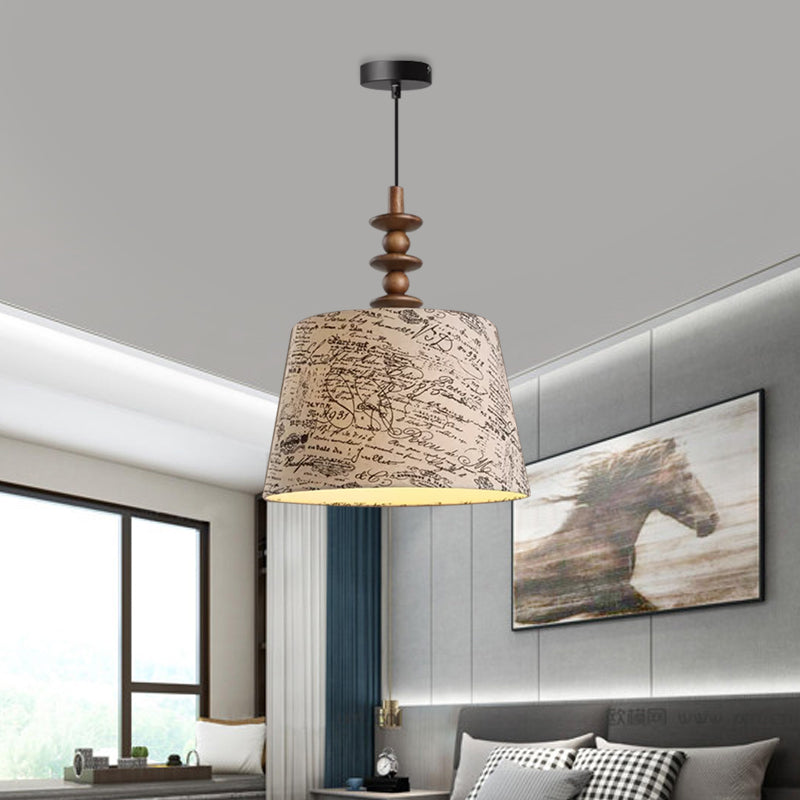 Suspended Countryside Fabric Pendant Light In White With Conical Script Print - Dining Room