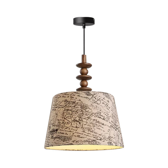 Suspended Countryside Fabric Pendant Light In White With Conical Script Print - Dining Room