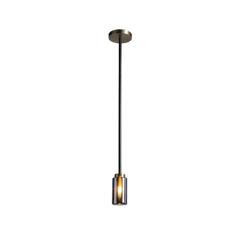 Mid Century Single Pendant: Smoke Grey Glass In Black Suspension Small Bottle Style