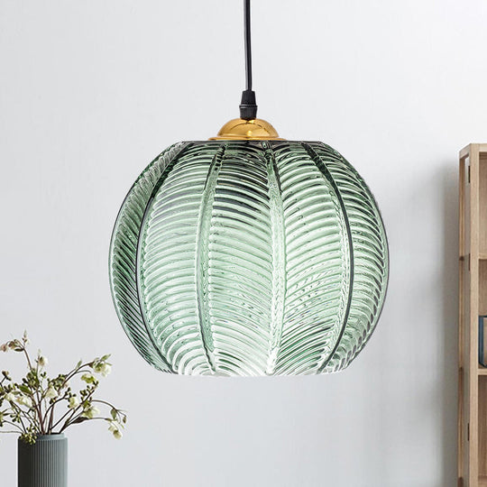 Pumpkin Dinette Pendant Lamp Green Ribbed Glass 1 Head Retro Style Hanging Light Kit