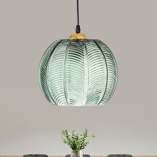 Pumpkin Dinette Pendant Lamp Green Ribbed Glass 1 Head Retro Style Hanging Light Kit