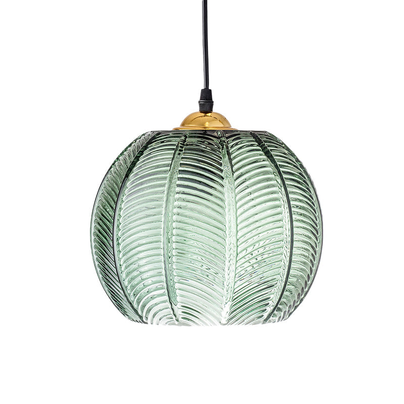 Pumpkin Dinette Pendant Lamp Green Ribbed Glass 1 Head Retro Style Hanging Light Kit