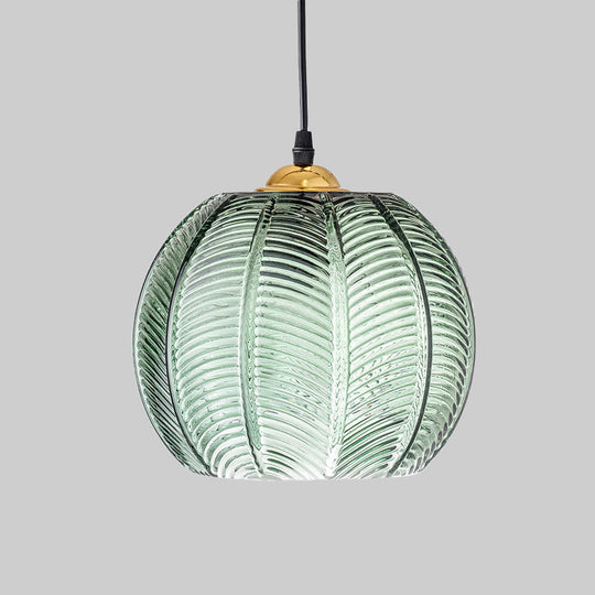 Pumpkin Dinette Pendant Lamp Green Ribbed Glass 1 Head Retro Style Hanging Light Kit