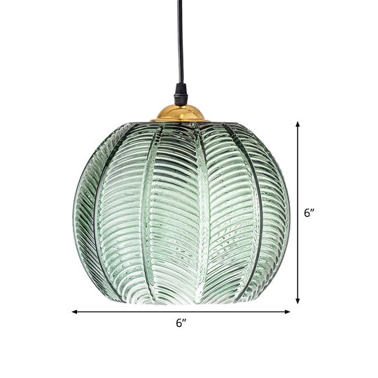 Pumpkin Dinette Pendant Lamp Green Ribbed Glass 1 Head Retro Style Hanging Light Kit