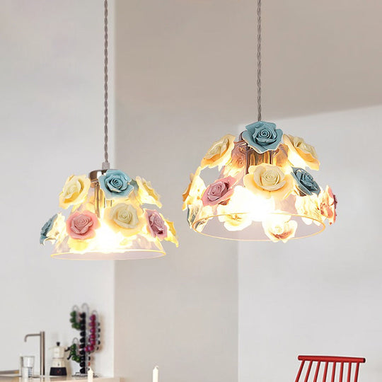 Modern Glass Hanging Lamp with Flower Decor - 1-Light Pendant in Conical Shape with Colorful Accents