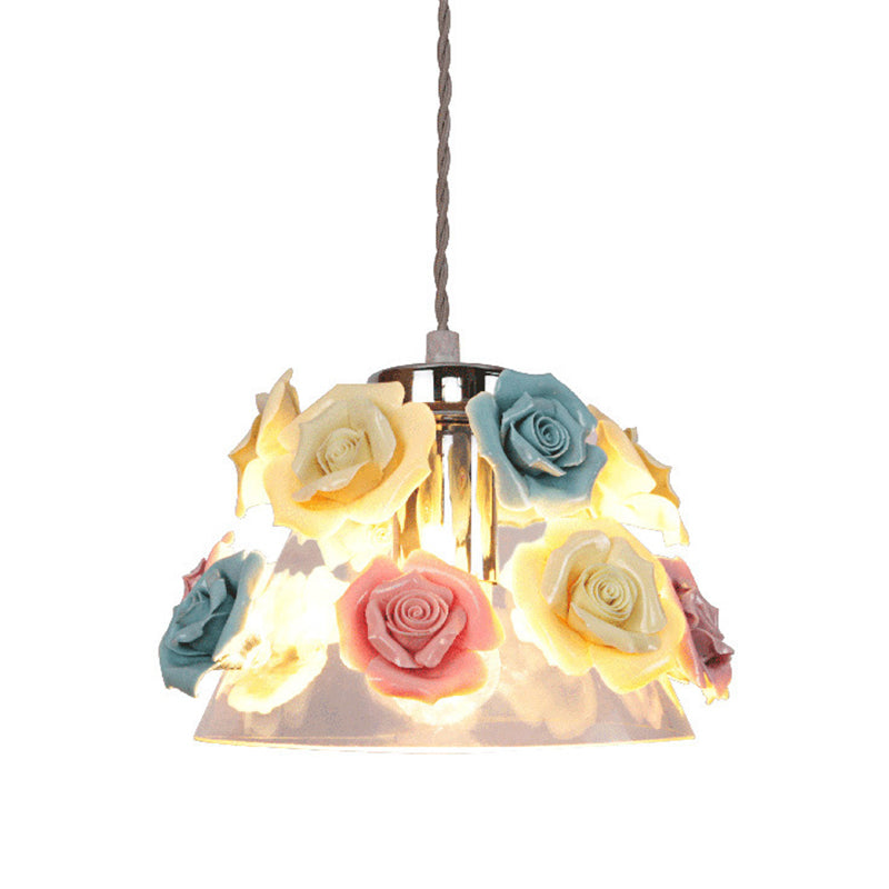 Modern Glass Hanging Lamp with Flower Decor - 1-Light Pendant in Conical Shape with Colorful Accents