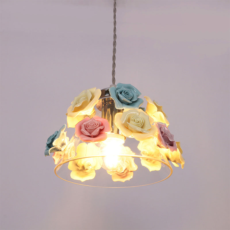 Modern Glass Hanging Lamp with Flower Decor - 1-Light Pendant in Conical Shape with Colorful Accents