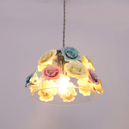 Modernist 1-Light Conical Glass Hanging Lamp With Flower Decor (Blue-Pink-Yellow)