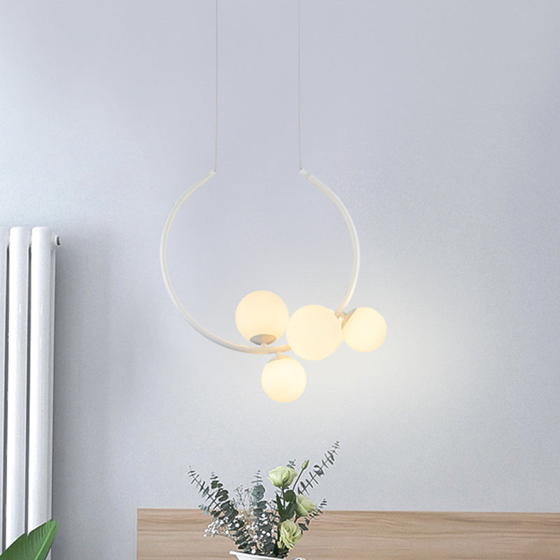 Modern Black & White Circle Chandelier Lamp With Milk Glass Shades - 5 Head Iron Pendant Lighting