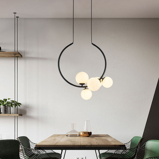 Modern Black/White Circle Chandelier Lamp with Glass Shades - 5-Head Iron Pendant Lighting