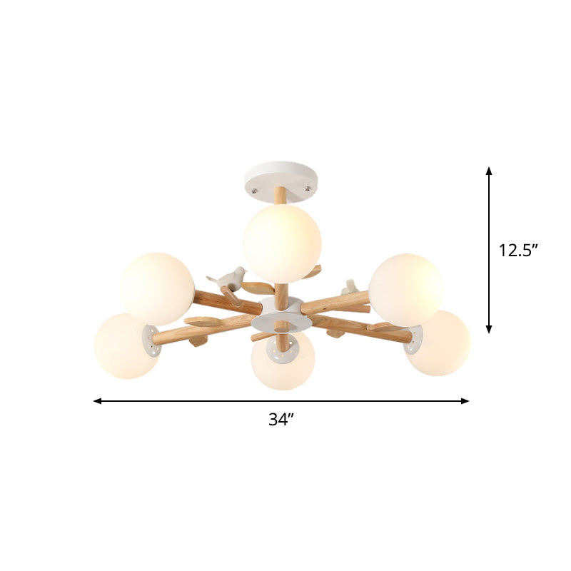 Nordic Wood Radial Chandelier? with White Glass Shade and Bird Decor - Perfect for Bedroom Semi-Mount Lighting - 3/6 Bulb Ceiling Mount