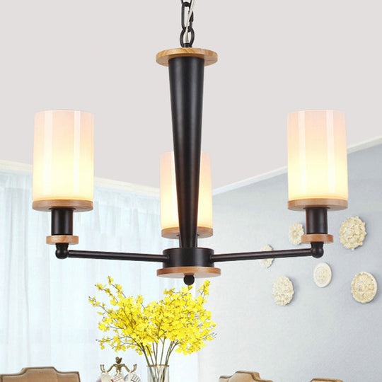 Mid-Century Opal Frosted Glass Chandelier With 3 Lights - Black