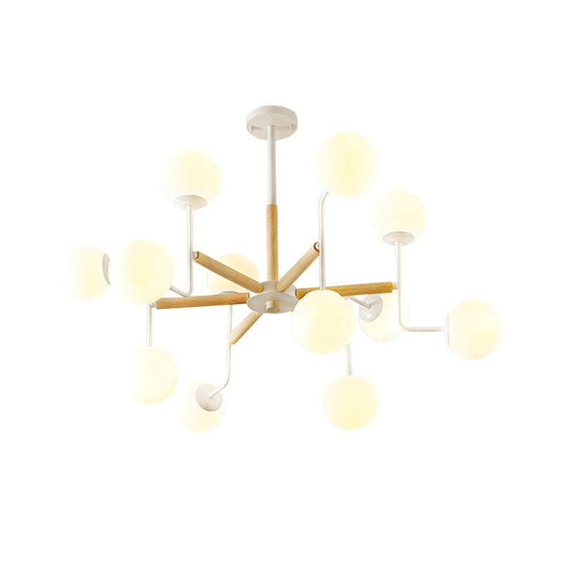 Nordic Starburst Wood Ceiling Light - Semi Flush Chandelier (12 Heads) in White with Milky Glass Shades