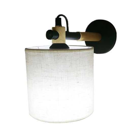 Modernist Fabric Cylindrical Sconce Wall Light With Wooden Joint - 1 Bedroom Fixture Black/White