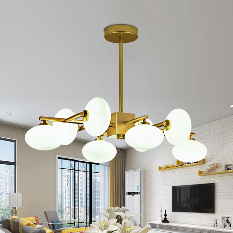 Gold Branched Dinette Chandelier: Light Cream Ovale Glass Suspension Lamp 8-Bulb Postmodernist