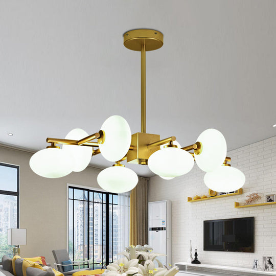 Gold Branched Dinette Chandelier: Light Cream Ovale Glass Suspension Lamp 8-Bulb Postmodernist