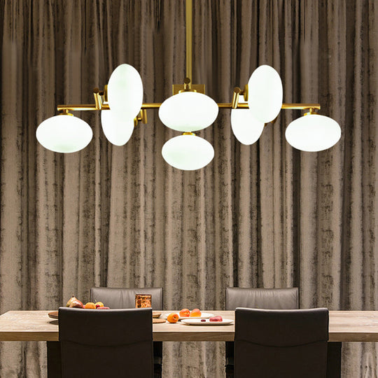 Gold Branched Dinette Chandelier: Light Cream Ovale Glass Suspension Lamp 8-Bulb Postmodernist