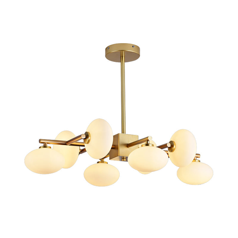 Gold Branched Dinette Chandelier: Light Cream Ovale Glass Suspension Lamp 8-Bulb Postmodernist