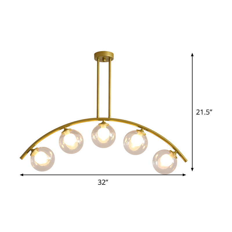 Modern Glass Orb Island Pendant Light With Brass Arch Arm - 5 Bulbs White/Clear Design For Dining