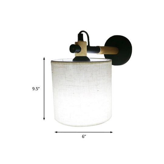 Modernist Fabric Cylindrical Sconce Wall Light With Wooden Joint - 1 Bedroom Fixture Black/White