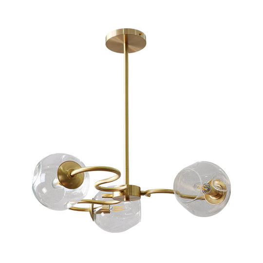 Postmodern Transparent Glass 3-Light Flush Mount Chandelier for Bedroom in Brass