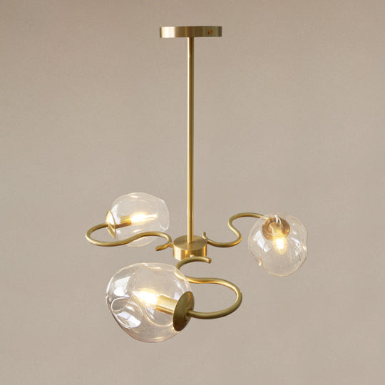 Postmodern Transparent Glass 3-Light Flush Mount Chandelier for Bedroom in Brass