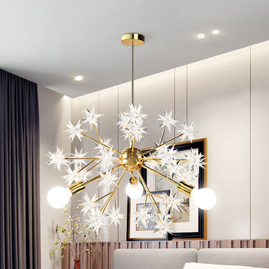 Gold Modern Exposed Bulb Bedroom 3-Head Ceiling Mount Chandelier with Star Decor