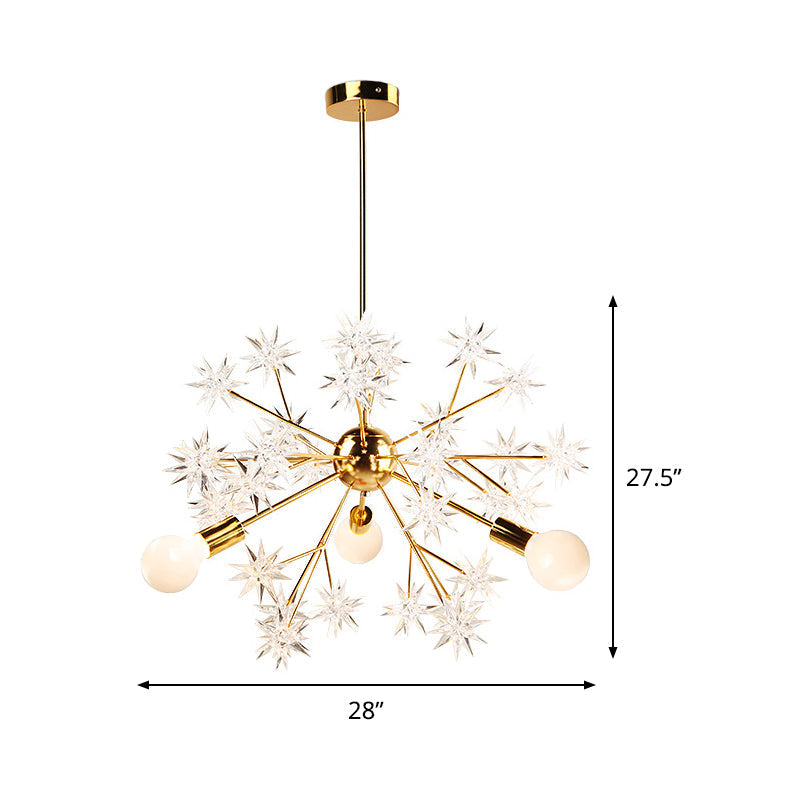 Gold Modern Exposed Bulb Bedroom 3-Head Ceiling Mount Chandelier with Star Decor