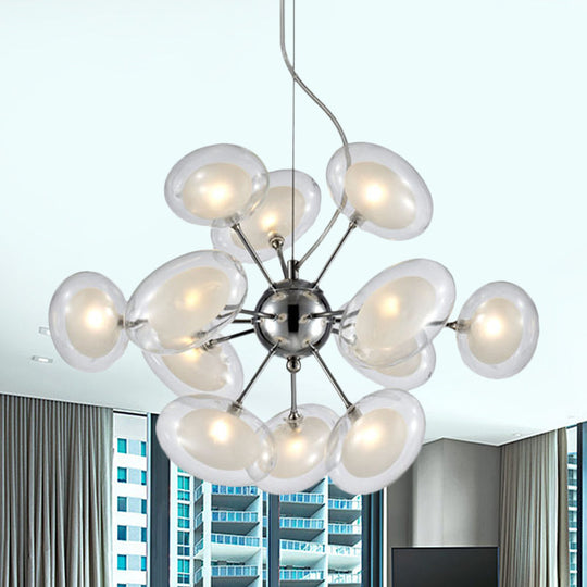 Modernist Burst Chandelier - Dual Oblate Glass - 12-Light Chrome Suspension Lighting