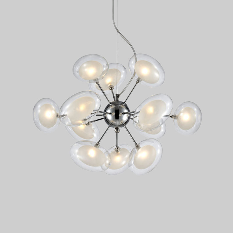 Modernist Burst Chandelier - Dual Oblate Glass - 12-Light Chrome Suspension Lighting