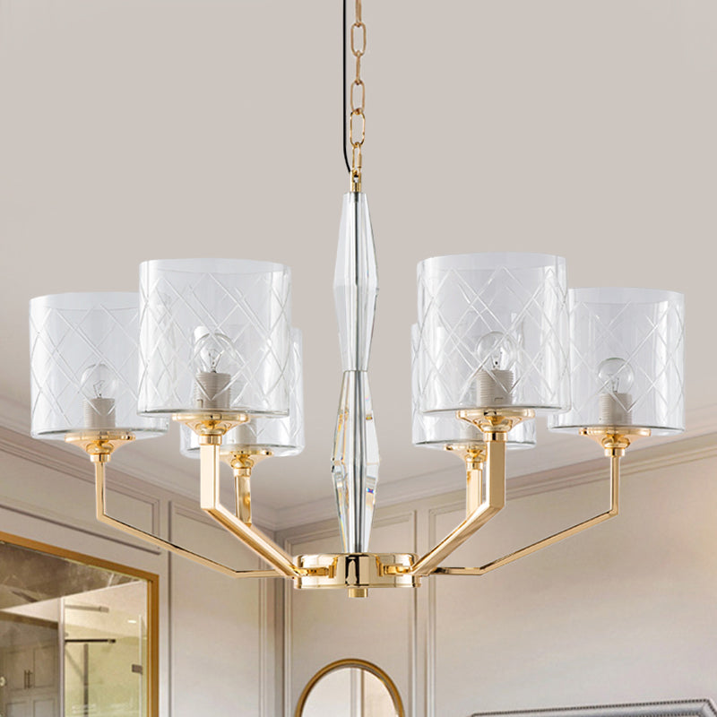 Mid Century 6-Light Gold Glass Pillar Chandelier For Bedroom