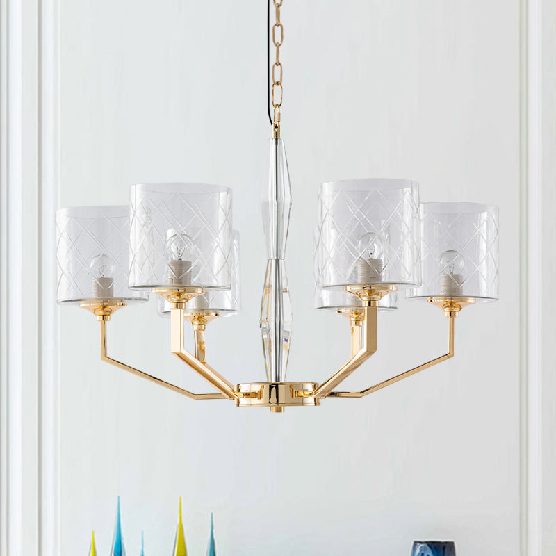 Mid Century 6-Light Gold Glass Pillar Chandelier For Bedroom