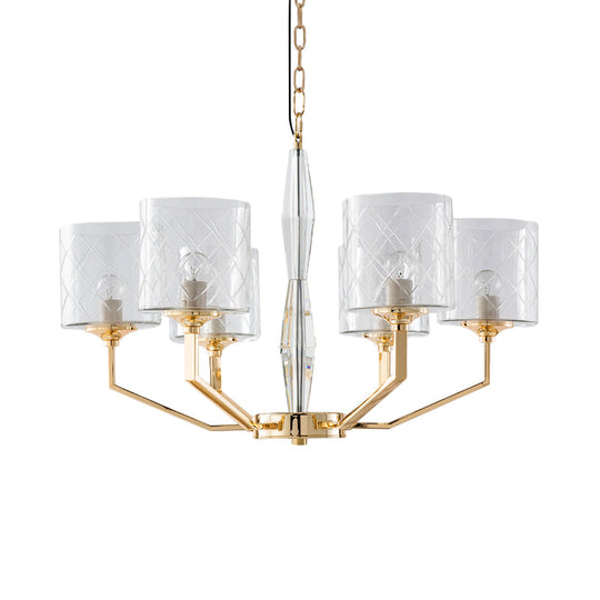 Mid Century 6-Light Gold Glass Pillar Chandelier For Bedroom