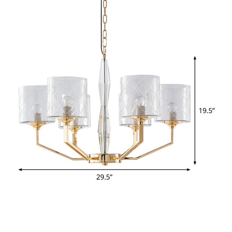 Mid Century Gold Lattice Glass Chandelier - 6 Lights, Pillar Style - Bedroom Pendant