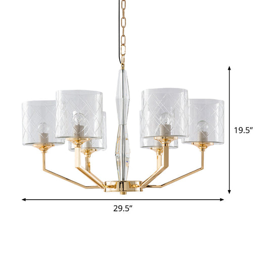 Mid Century 6-Light Gold Glass Pillar Chandelier For Bedroom