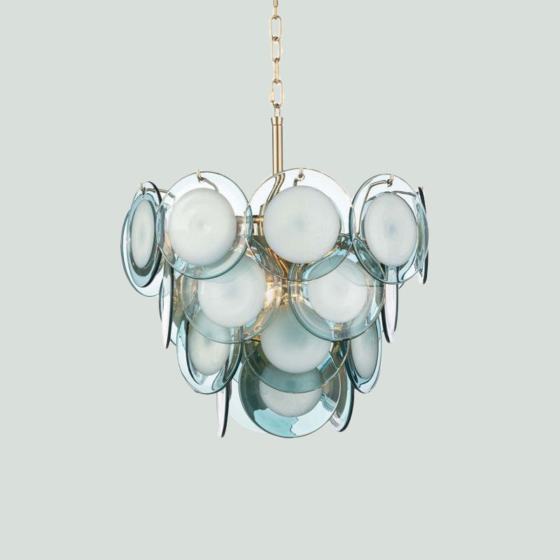 Flaked Blue Glass 3-Tier Chandelier With 7 Lights - Mid Century Pendant Ceiling Light For Living