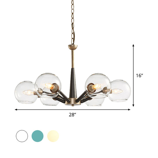 Retro Dome Shade Hanging Chandelier - White/Blue/Clear Glass 6 Light Lounge Pendant With Burst