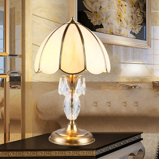 Light Beige Glass Table Lamp With Gold Dome Design And Crystal Accent - Bedroom Night Lighting