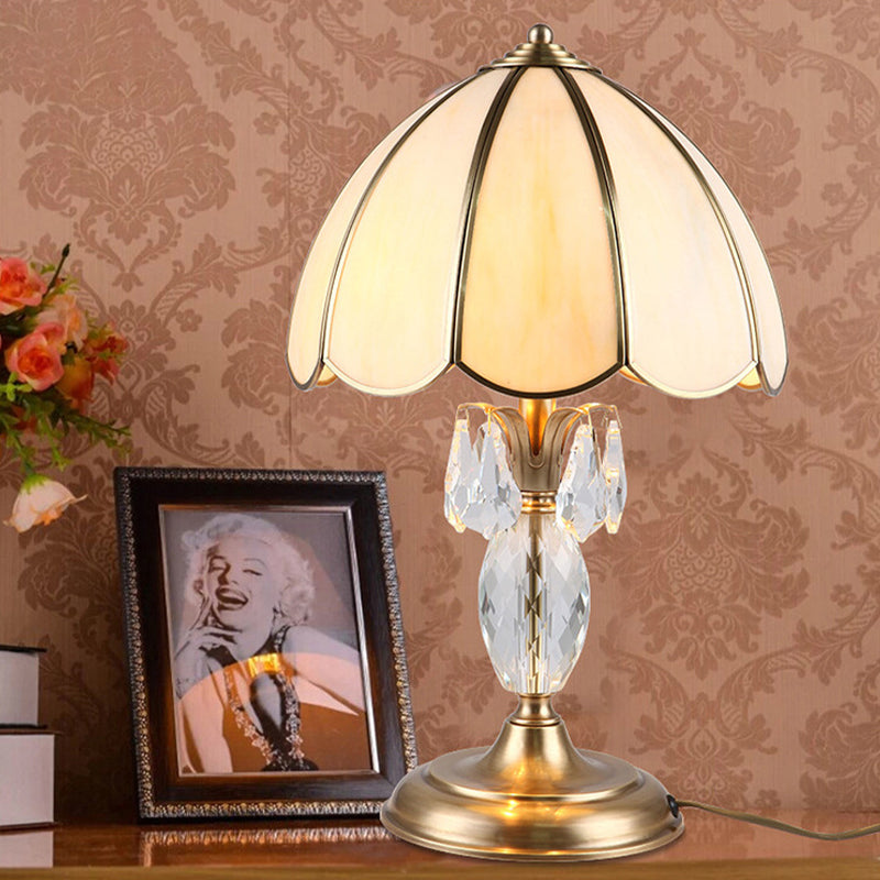 Light Beige Glass Table Lamp With Gold Dome Design And Crystal Accent - Bedroom Night Lighting