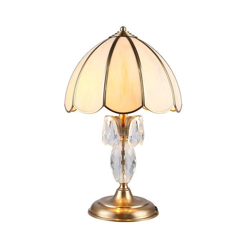 Light Beige Glass Table Lamp With Gold Dome Design And Crystal Accent - Bedroom Night Lighting