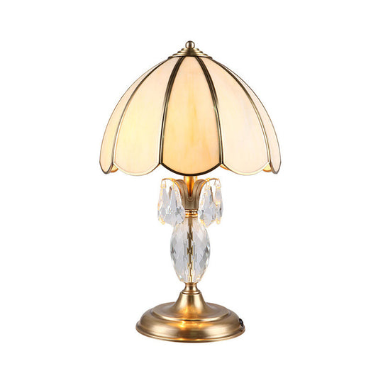 Light Beige Glass Table Lamp With Gold Dome Design And Crystal Accent - Bedroom Night Lighting