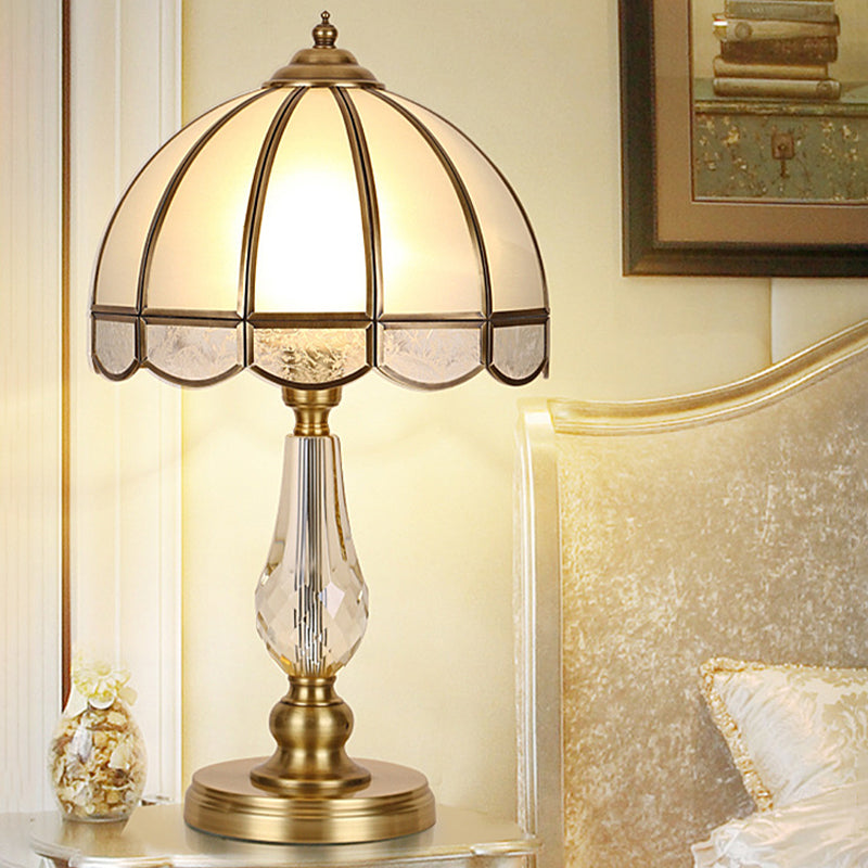 Vintage Gold Night Table Lamp With Scalloped Beige Shade And Crystal Accent