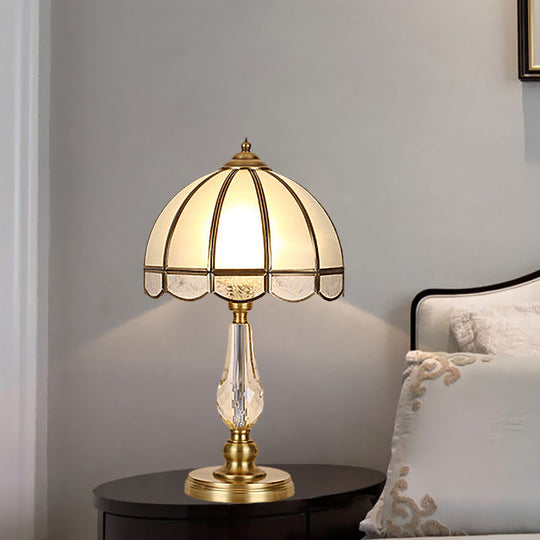 Vintage Gold Night Table Lamp With Scalloped Beige Shade And Crystal Accent