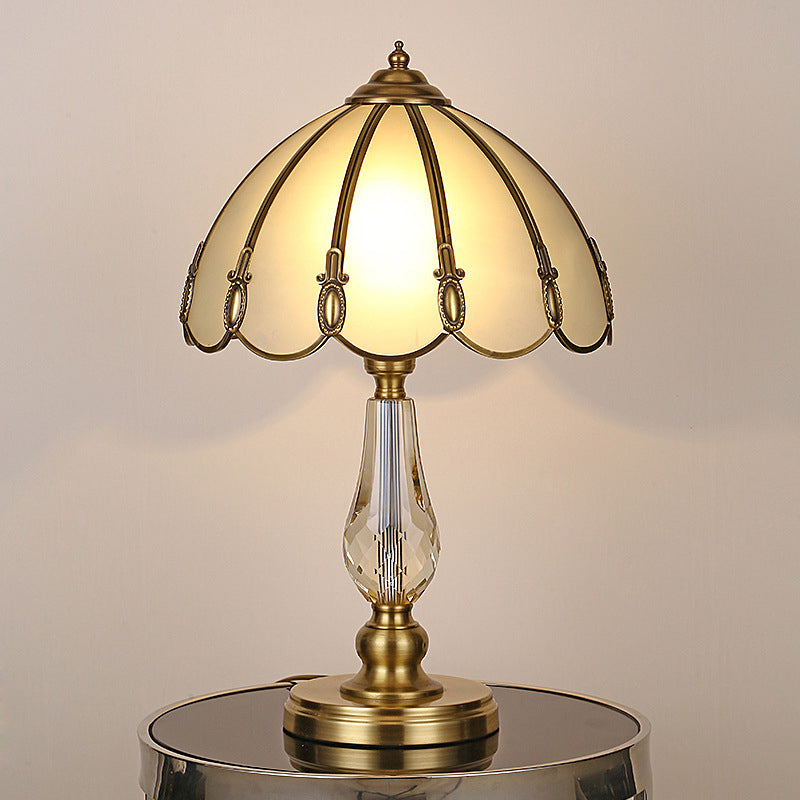 Vintage Gold Night Table Lamp With Scalloped Beige Shade And Crystal Accent