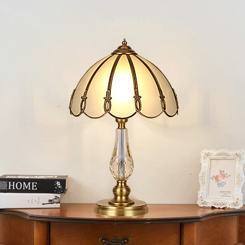 Vintage Gold Night Table Lamp With Scalloped Beige Shade And Crystal Accent